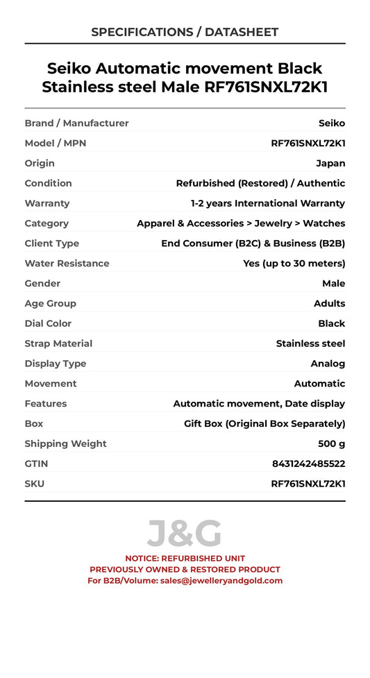 Seiko Automatic movement Black Stainless steel Male RF761SNXL72K1 - Specifications