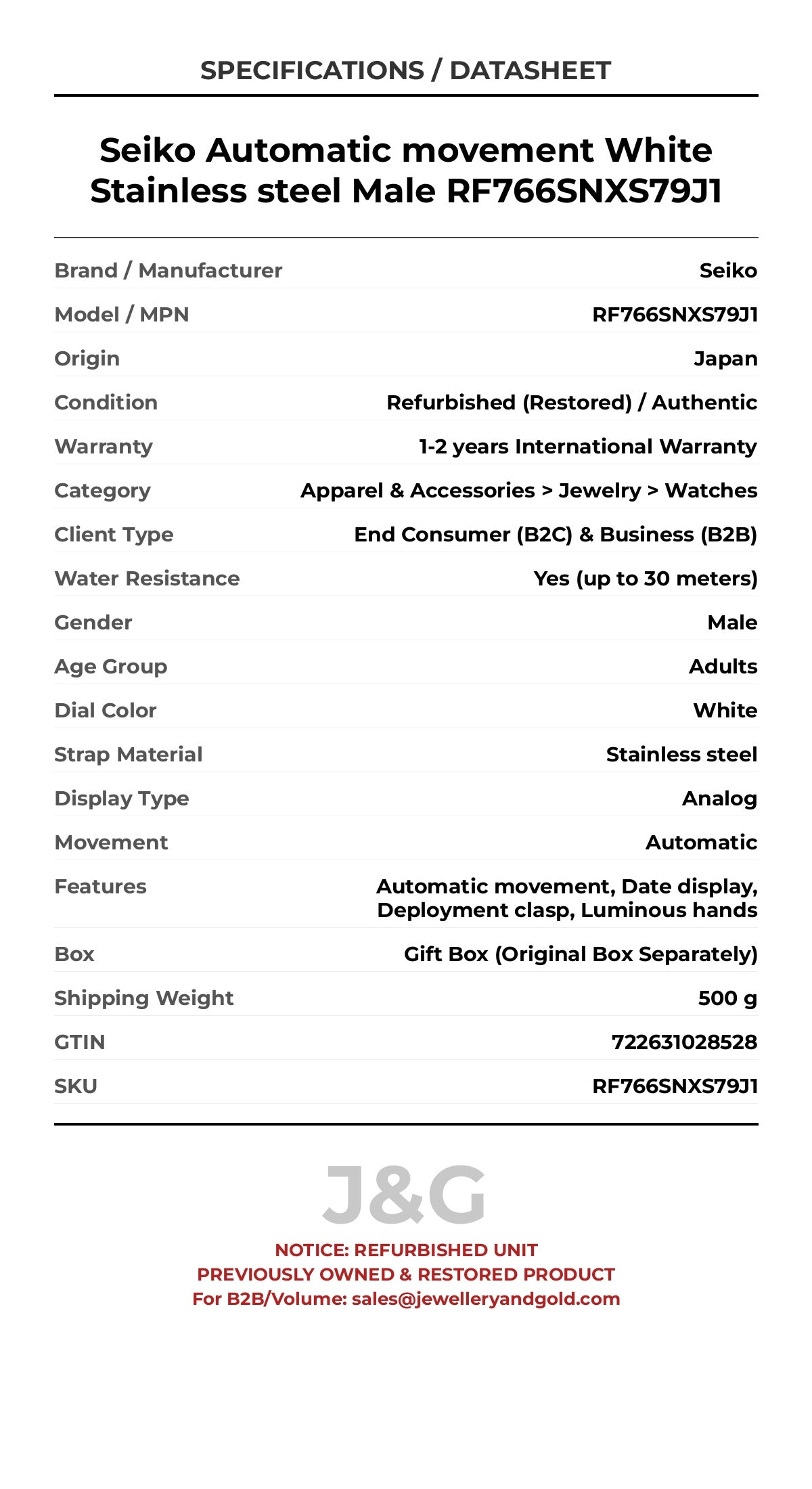 Seiko Automatic movement White Stainless steel Male RF766SNXS79J1 - Specifications