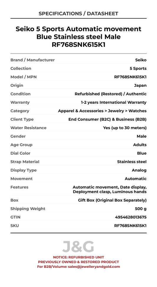 Seiko 5 Sports Automatic movement Blue Stainless steel Male RF768SNK615K1 - Specifications