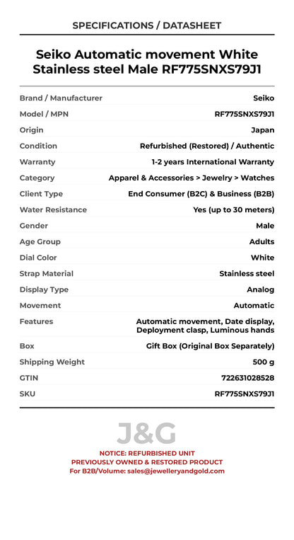 Seiko Automatic movement White Stainless steel Male RF775SNXS79J1 - Specifications