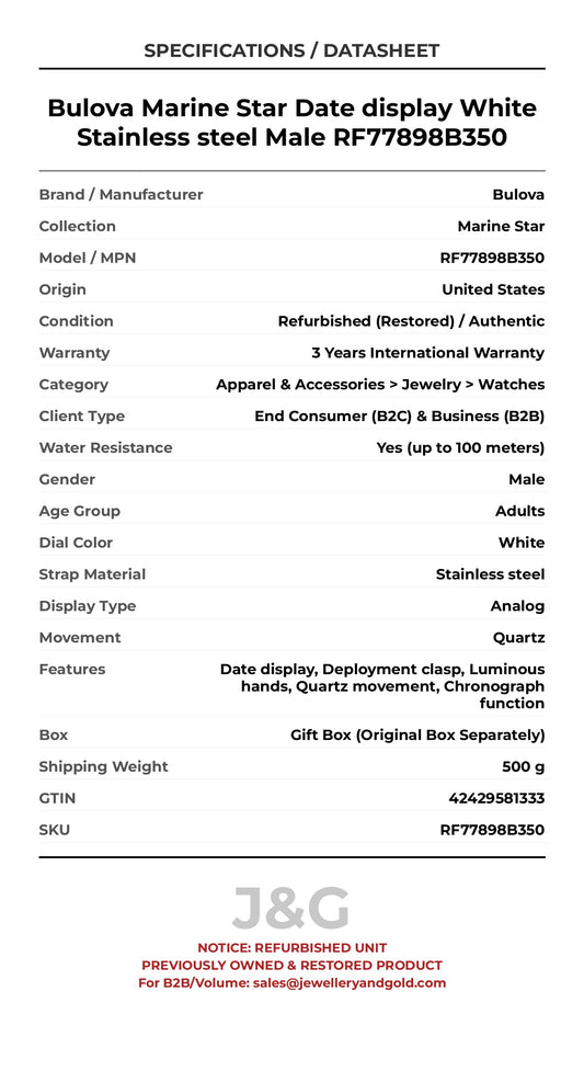 Bulova Marine Star Date display White Stainless steel Male RF77898B350 - Specifications