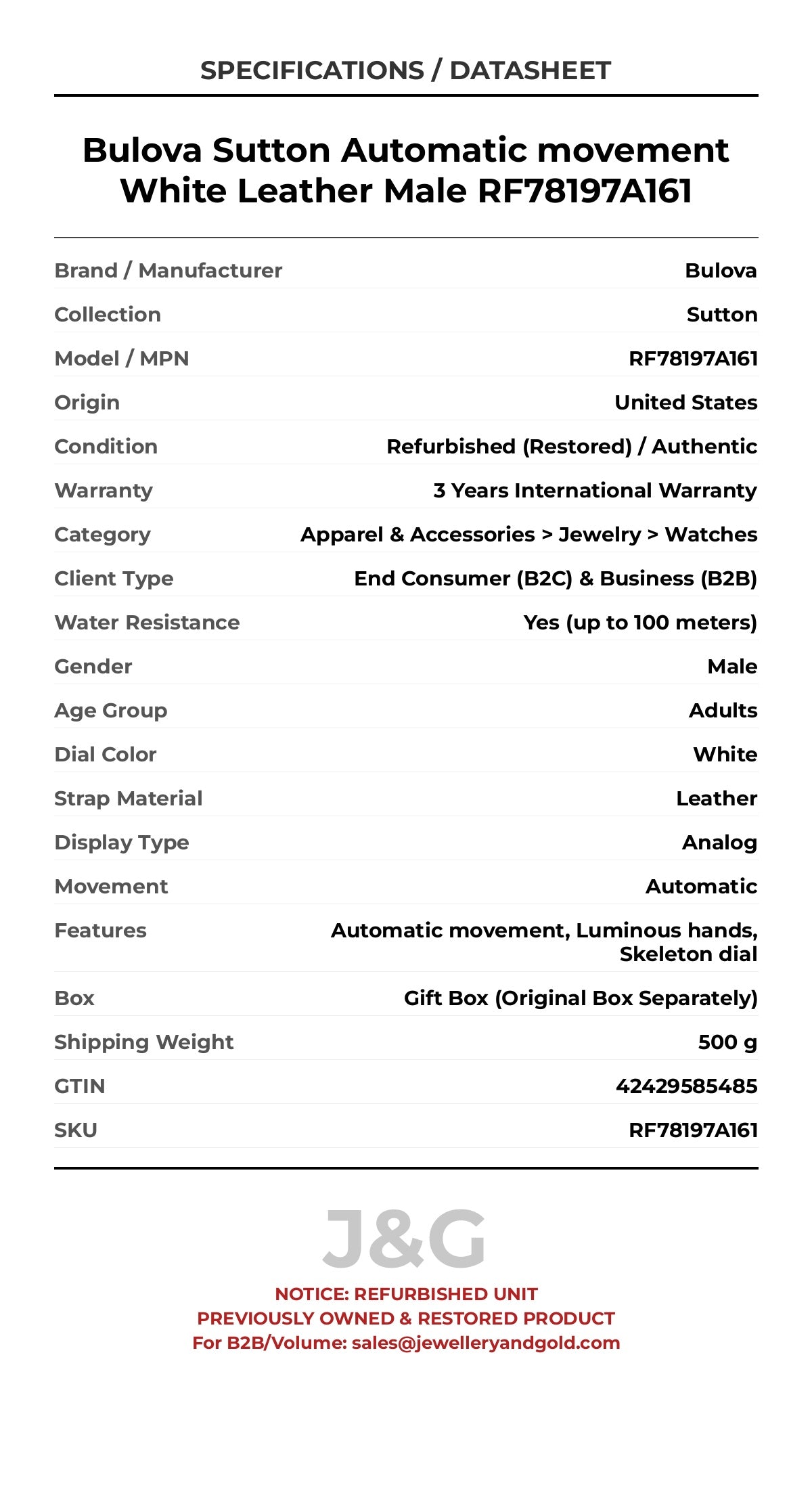 Bulova Sutton Automatic movement White Leather Male RF78197A161 - Specifications