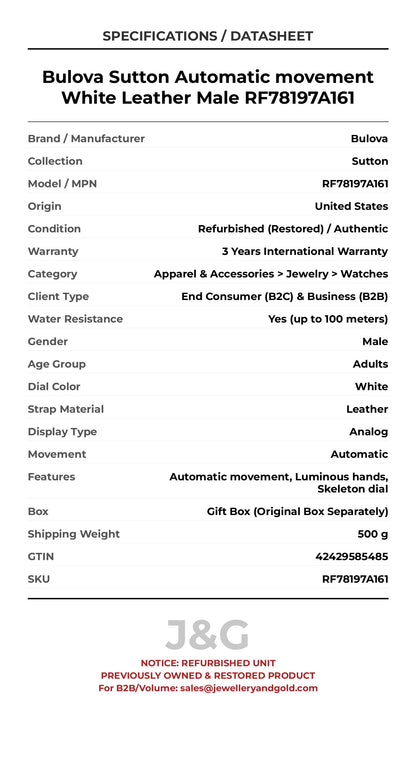 Bulova Sutton Automatic movement White Leather Male RF78197A161 - Specifications