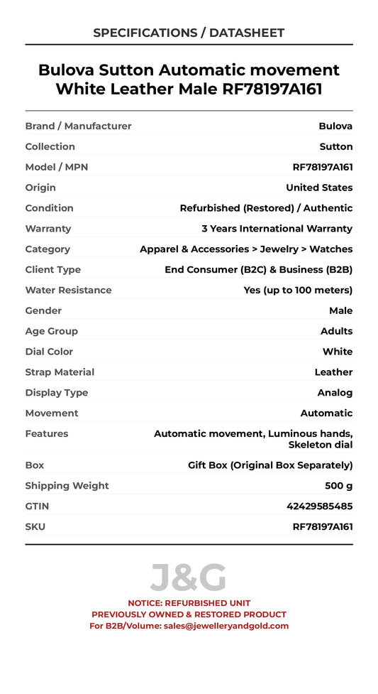 Bulova Sutton Automatic movement White Leather Male RF78197A161 - Specifications