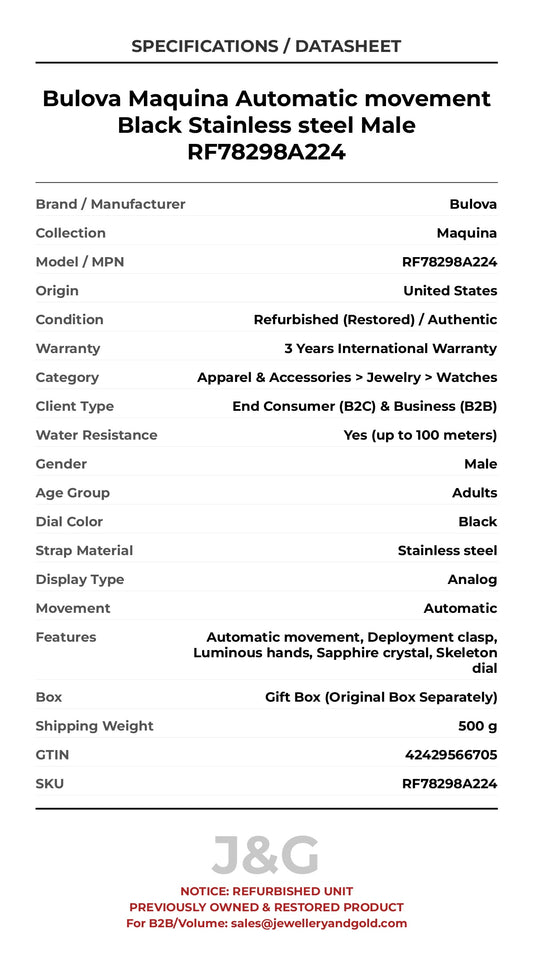 Bulova Maquina Automatic movement Black Stainless steel Male RF78298A224 - Specifications