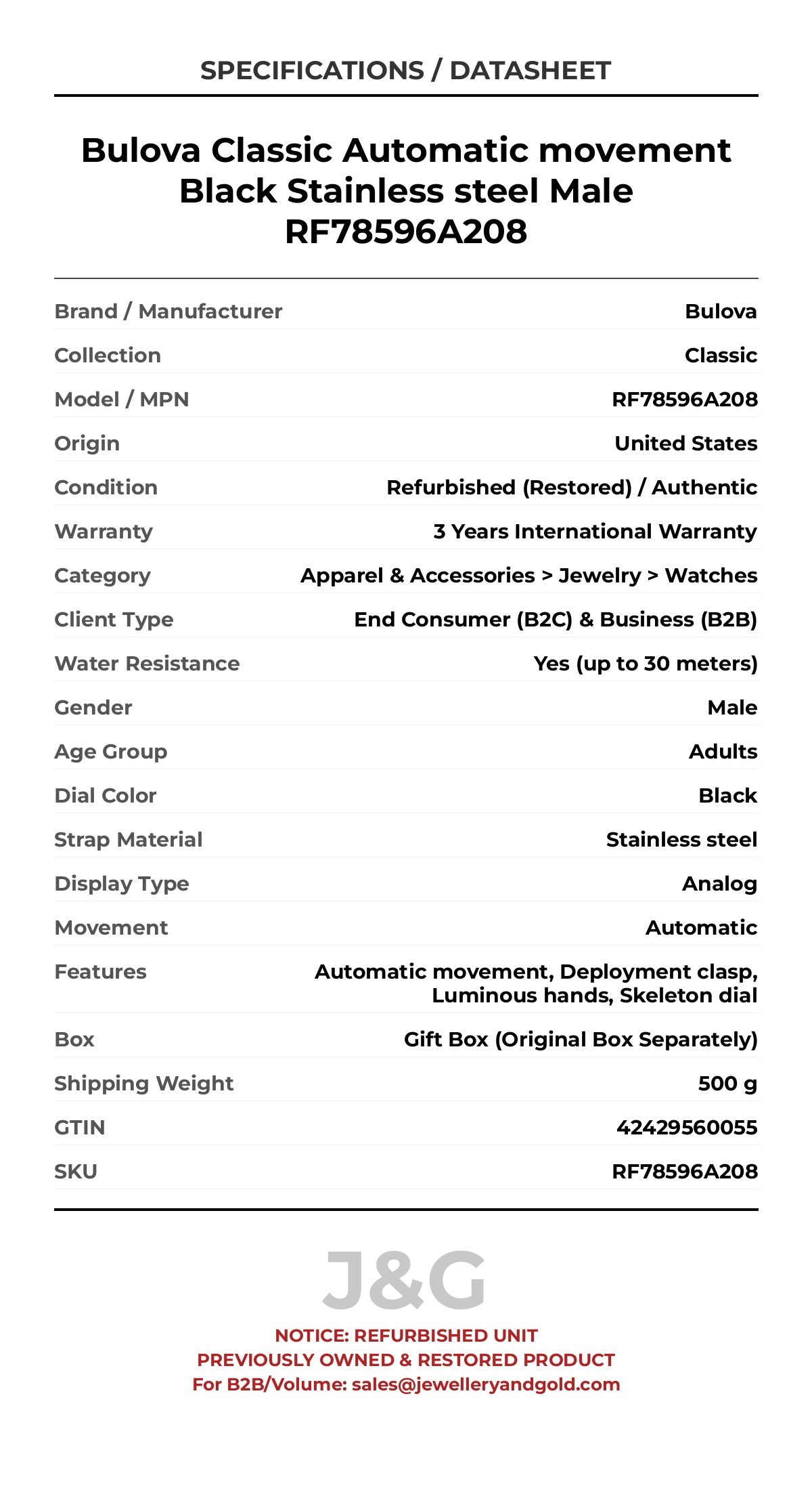 Bulova Classic Automatic movement Black Stainless steel Male RF78596A208 - Specifications