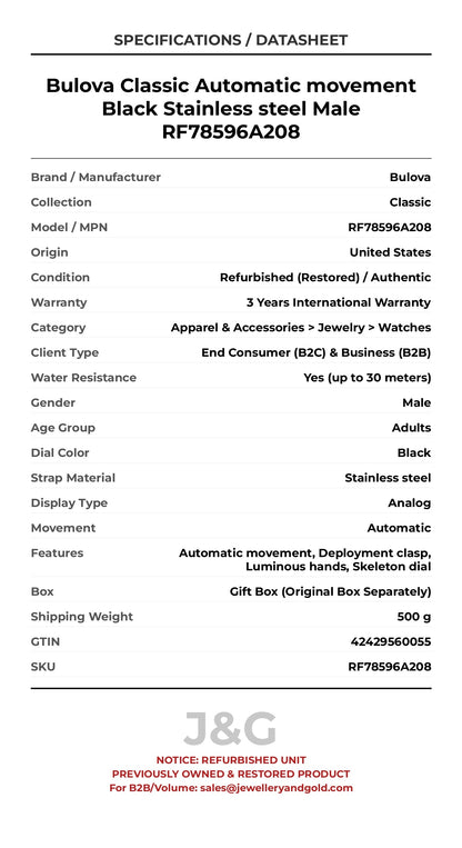 Bulova Classic Automatic movement Black Stainless steel Male RF78596A208 - Specifications