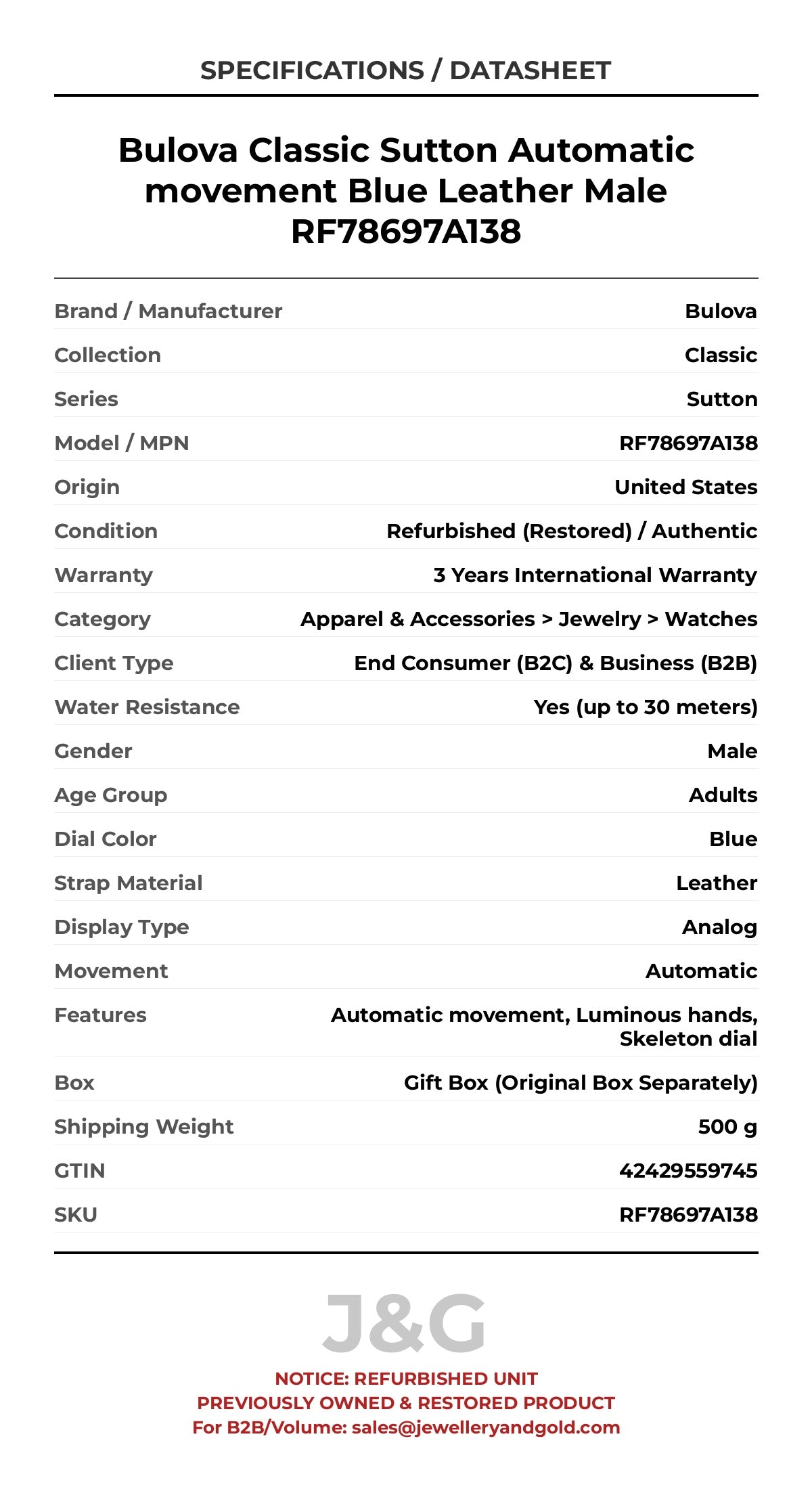 Bulova Classic Sutton Automatic movement Blue Leather Male RF78697A138 - Specifications