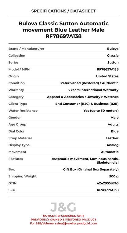 Bulova Classic Sutton Automatic movement Blue Leather Male RF78697A138 - Specifications