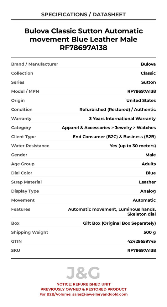 Bulova Classic Sutton Automatic movement Blue Leather Male RF78697A138 - Specifications