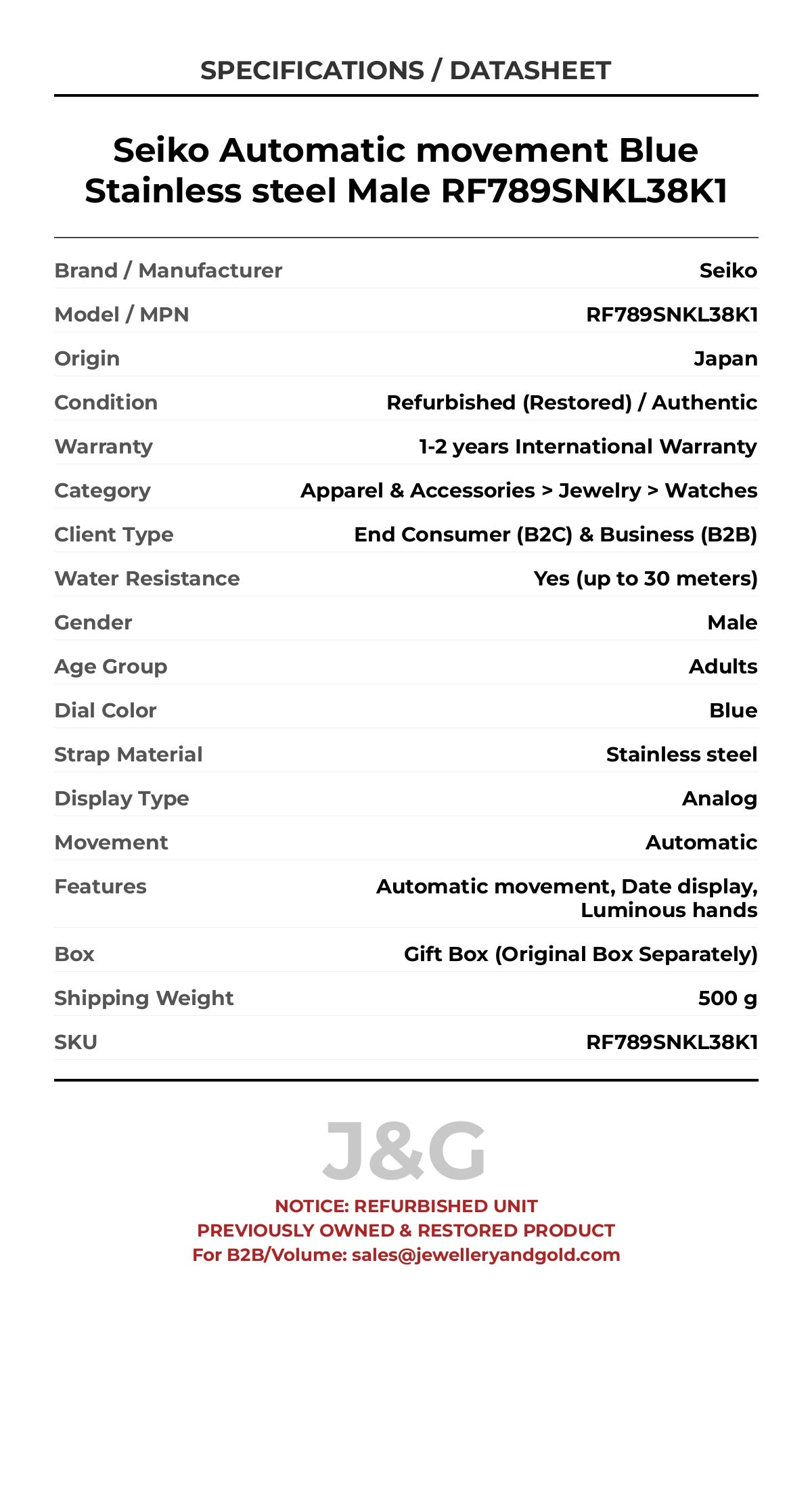 Seiko Automatic movement Blue Stainless steel Male RF789SNKL38K1 - Specifications