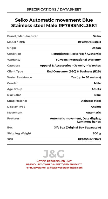 Seiko Automatic movement Blue Stainless steel Male RF789SNKL38K1 - Specifications