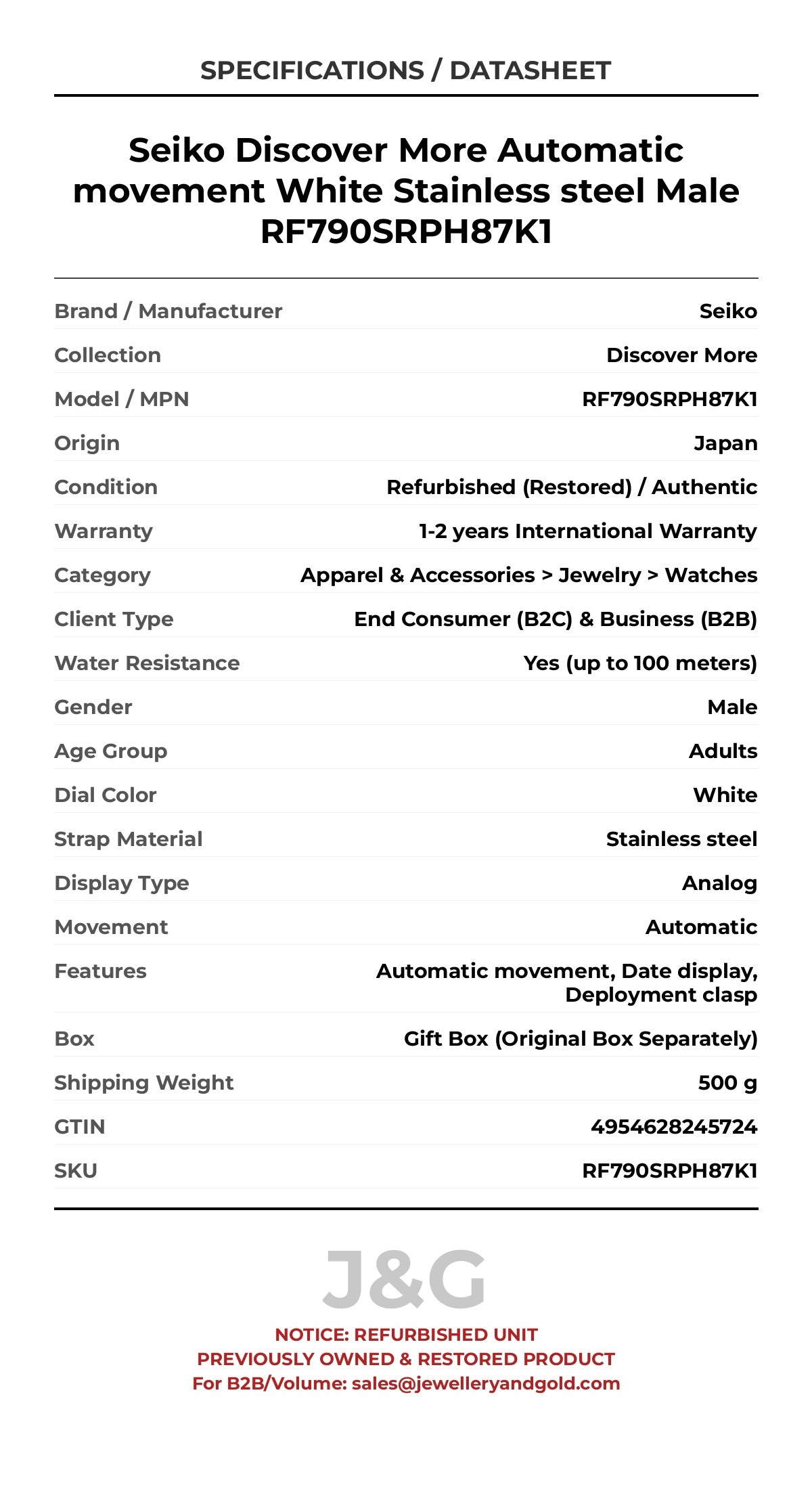 Seiko Discover More Automatic movement White Stainless steel Male RF790SRPH87K1 - Specifications