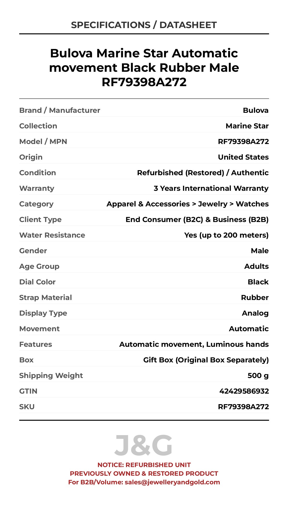 Bulova Marine Star Automatic movement Black Rubber Male RF79398A272 - Specifications