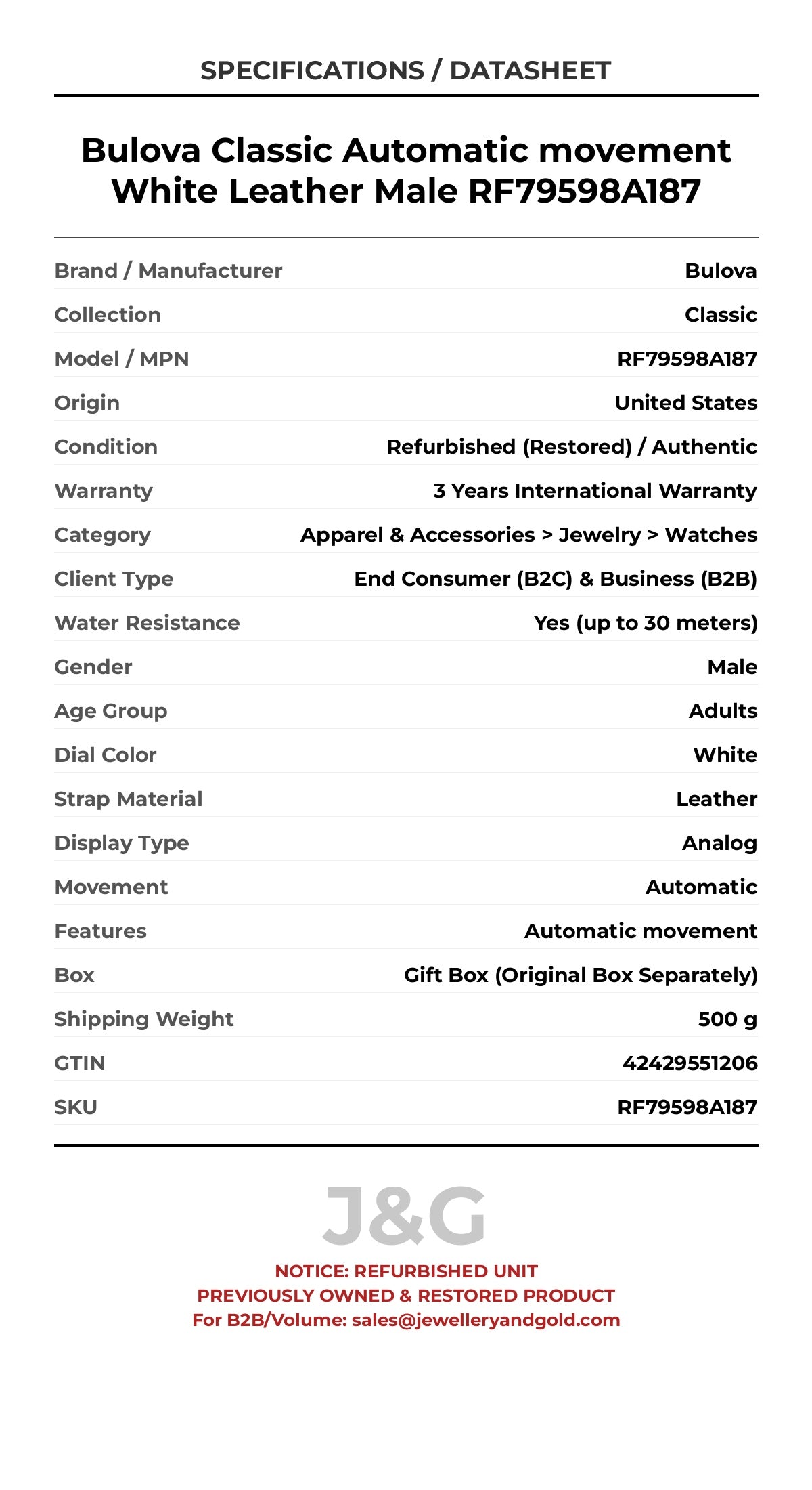 Bulova Classic Automatic movement White Leather Male RF79598A187 - Specifications