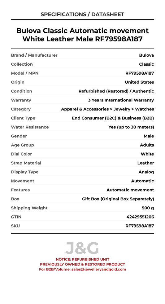 Bulova Classic Automatic movement White Leather Male RF79598A187 - Specifications
