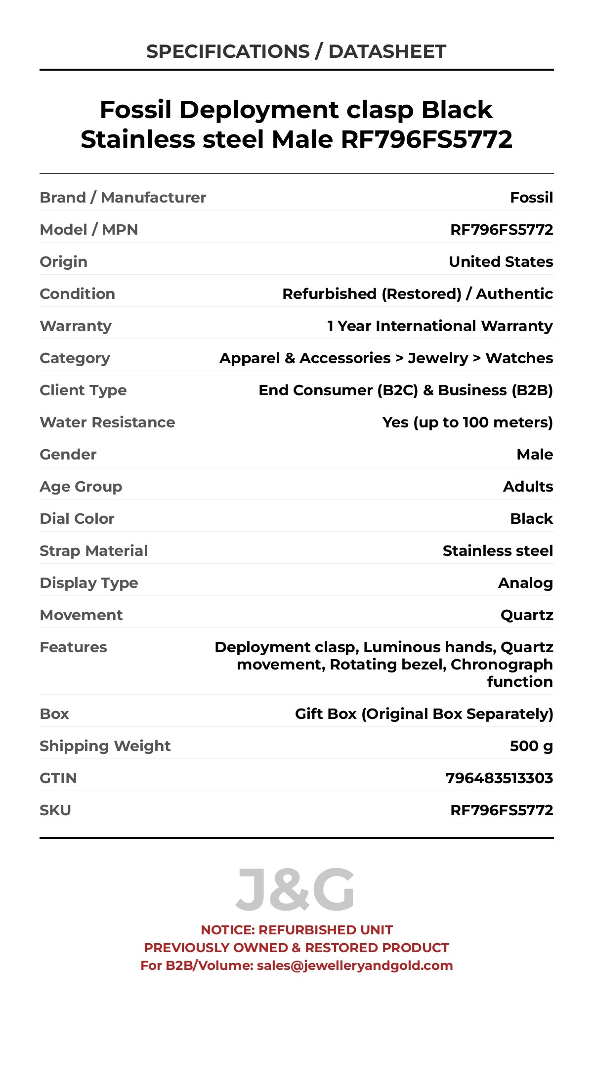 Fossil Deployment clasp Black Stainless steel Male RF796FS5772 - Specifications