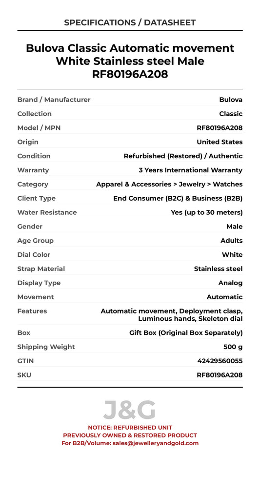 Bulova Classic Automatic movement White Stainless steel Male RF80196A208 - Specifications