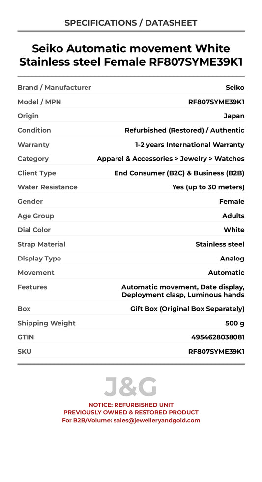 Seiko Automatic movement White Stainless steel Female RF807SYME39K1 - Specifications