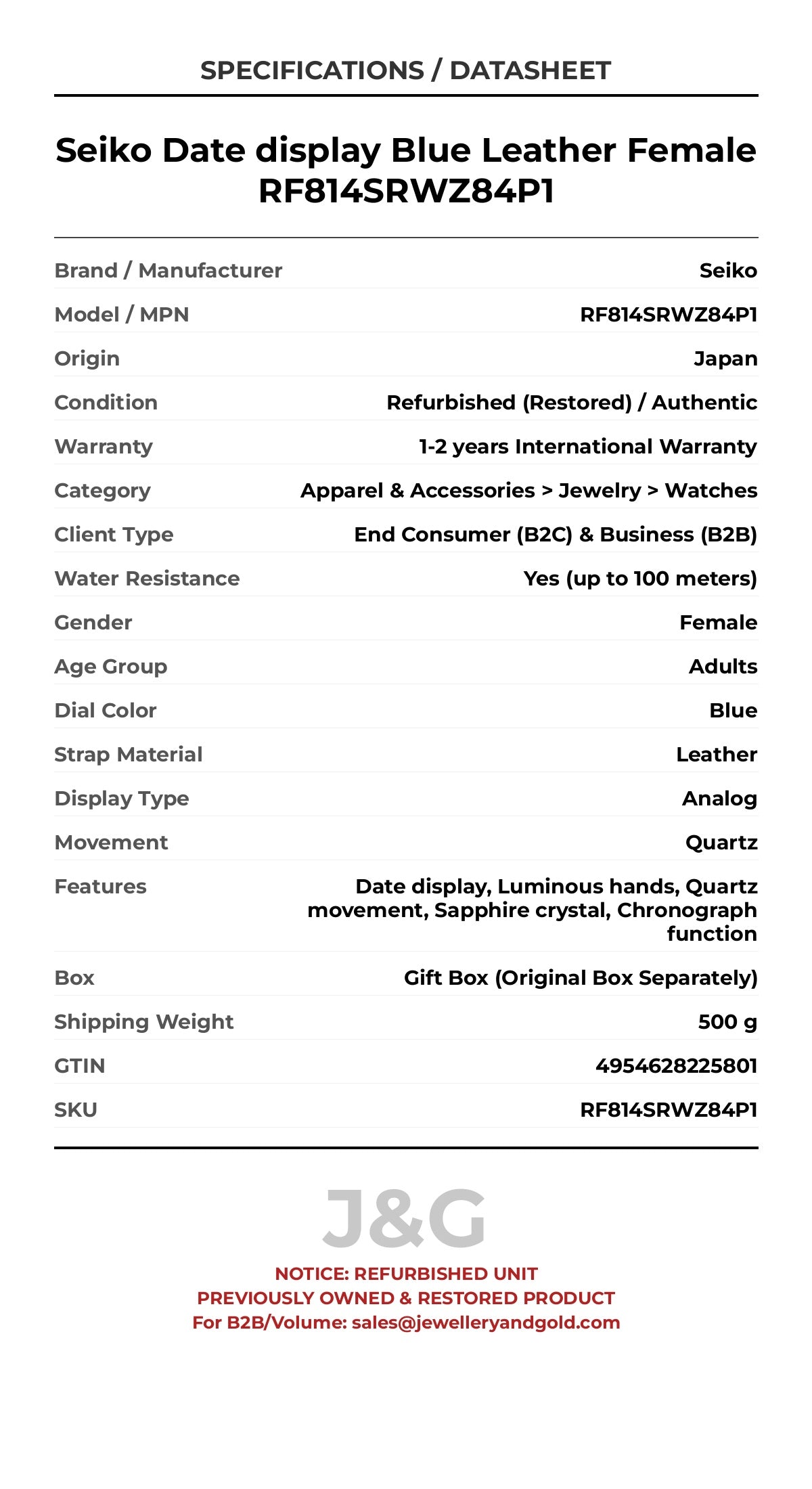 Seiko Date display Blue Leather Female RF814SRWZ84P1 - Specifications