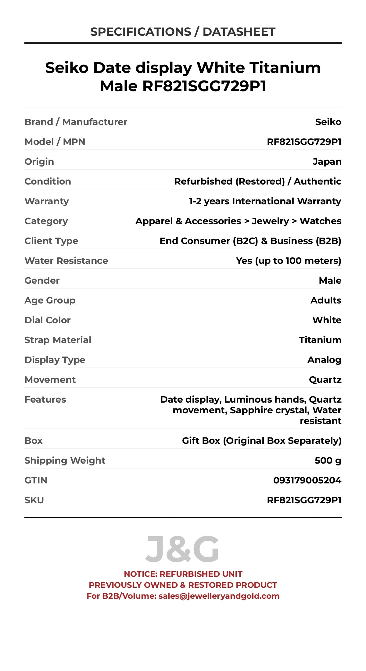 Seiko Date display White Titanium Male RF821SGG729P1 - Specifications