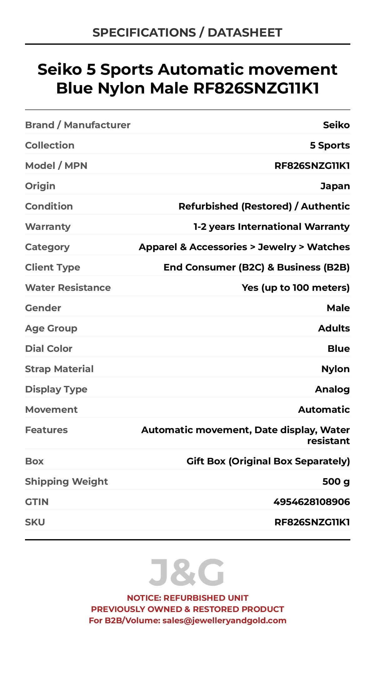 Seiko 5 Sports Automatic movement Blue Nylon Male RF826SNZG11K1 - Specifications