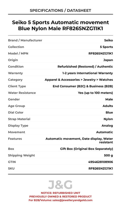 Seiko 5 Sports Automatic movement Blue Nylon Male RF826SNZG11K1 - Specifications