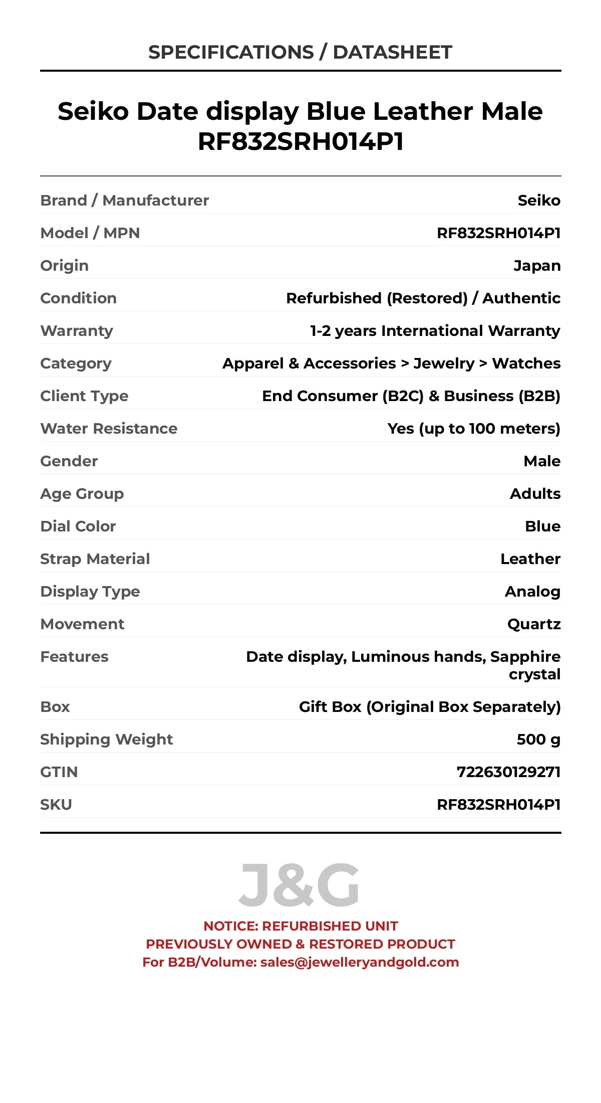 Seiko Date display Blue Leather Male RF832SRH014P1 - Specifications