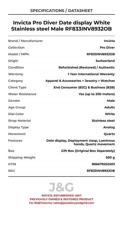 Invicta Pro Diver Date display White Stainless steel Male RF833INV8932OB - Specifications