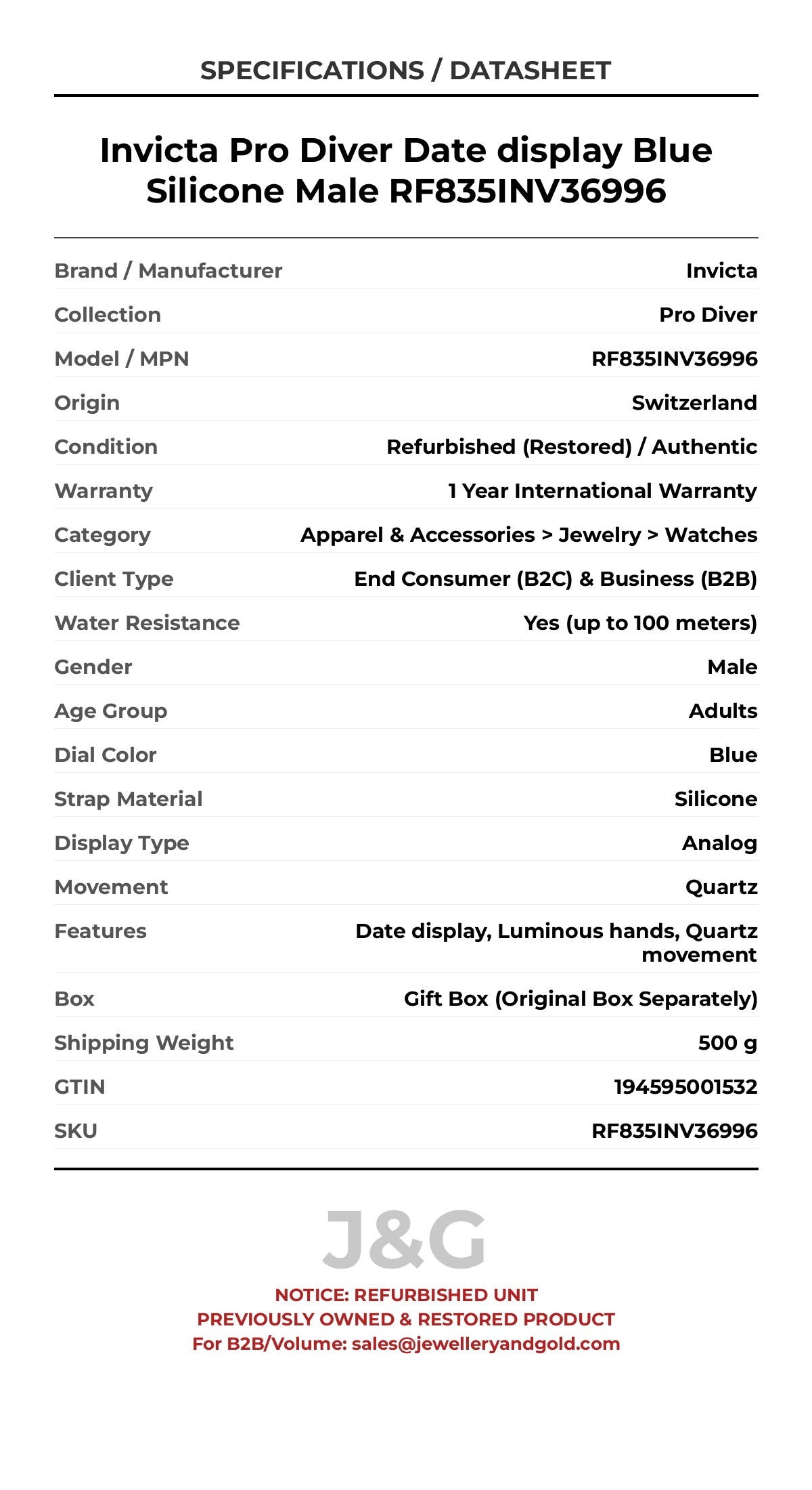 Invicta Pro Diver Date display Blue Silicone Male RF835INV36996 - Specifications