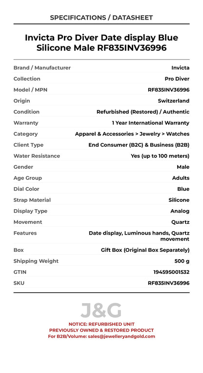 Invicta Pro Diver Date display Blue Silicone Male RF835INV36996 - Specifications