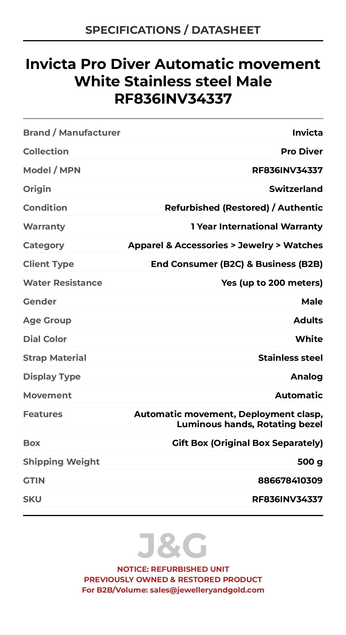 Invicta Pro Diver Automatic movement White Stainless steel Male RF836INV34337 - Specifications