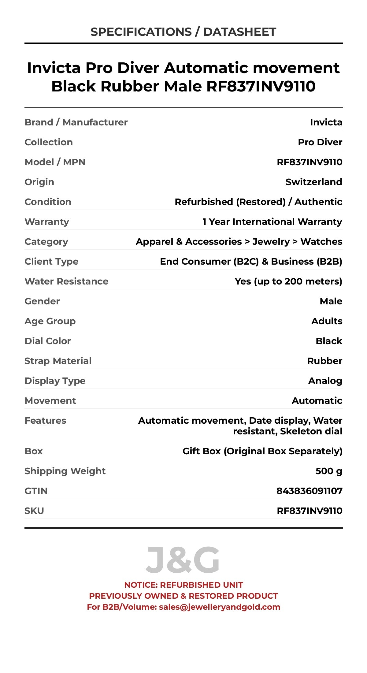 Invicta Pro Diver Automatic movement Black Rubber Male RF837INV9110 - Specifications