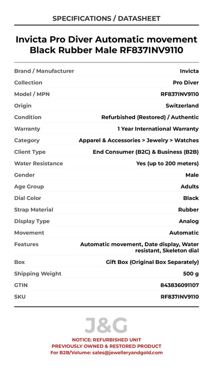 Invicta Pro Diver Automatic movement Black Rubber Male RF837INV9110 - Specifications