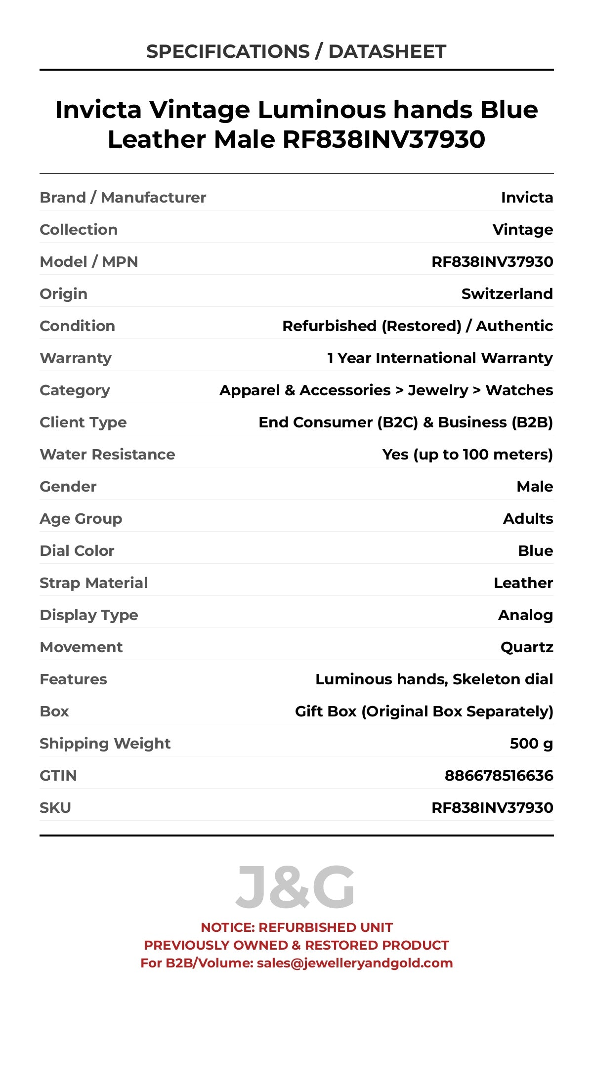 Invicta Vintage Luminous hands Blue Leather Male RF838INV37930 - Specifications