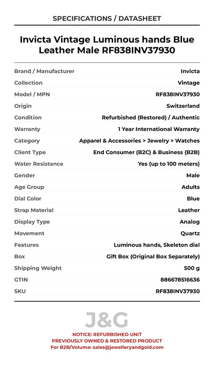 Invicta Vintage Luminous hands Blue Leather Male RF838INV37930 - Specifications