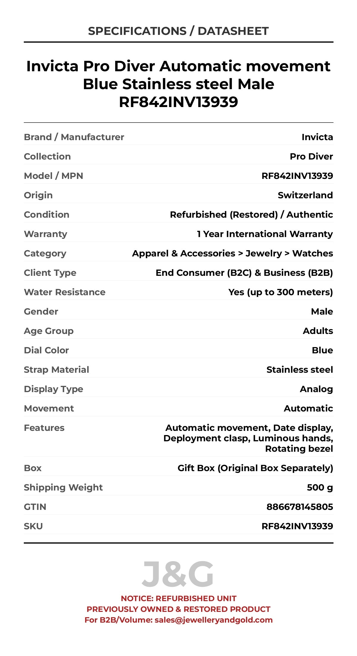 Invicta Pro Diver Automatic movement Blue Stainless steel Male RF842INV13939 - Specifications