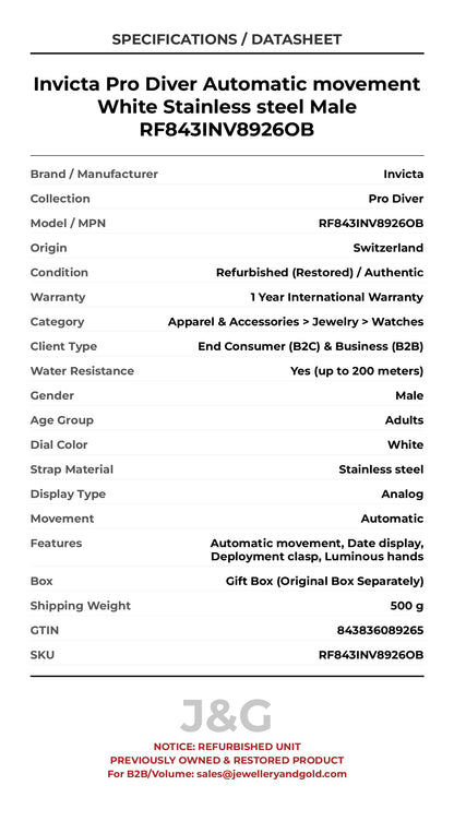 Invicta Pro Diver Automatic movement White Stainless steel Male RF843INV8926OB - Specifications