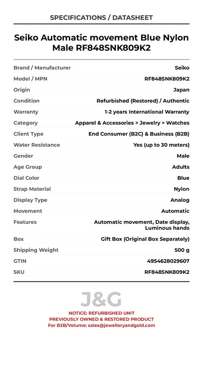 Seiko Automatic movement Blue Nylon Male RF848SNK809K2 - Specifications
