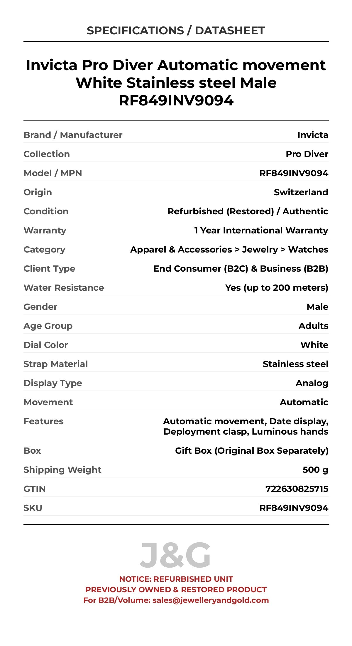 Invicta Pro Diver Automatic movement White Stainless steel Male RF849INV9094 - Specifications