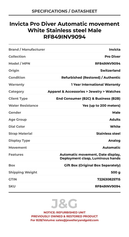 Invicta Pro Diver Automatic movement White Stainless steel Male RF849INV9094 - Specifications