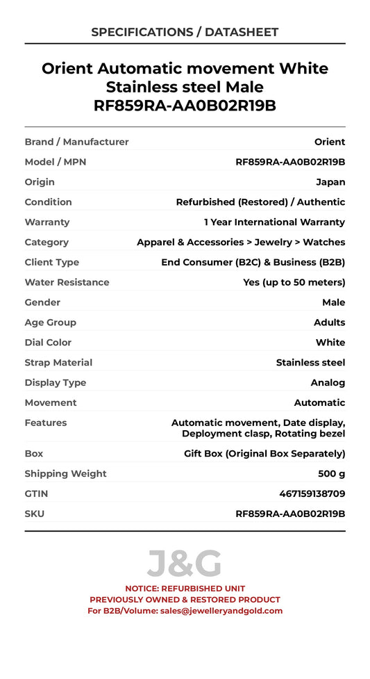 Orient Automatic movement White Stainless steel Male RF859RA-AA0B02R19B - Specifications