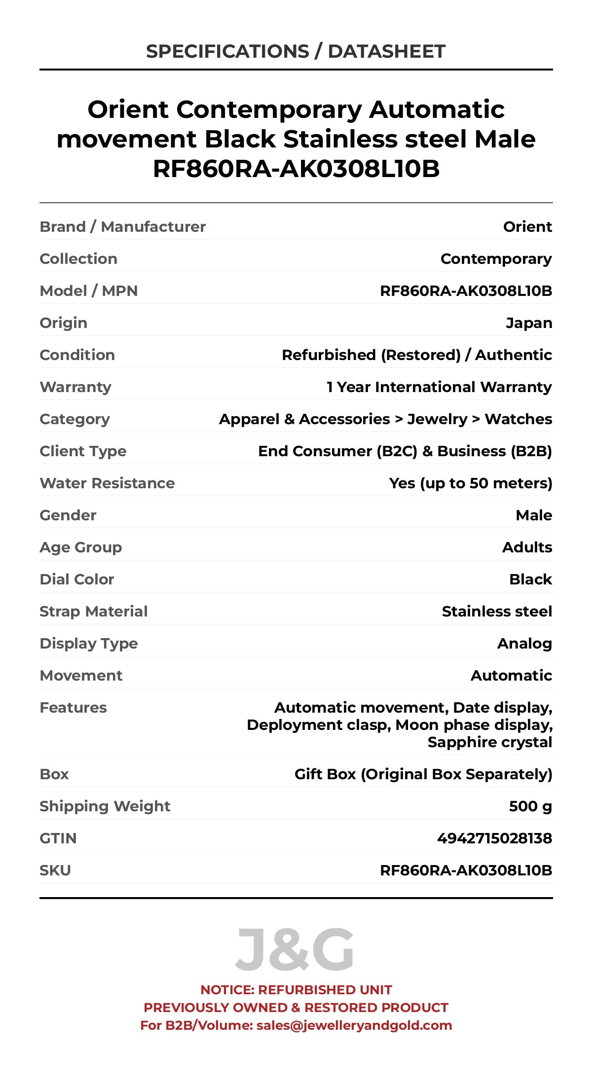 Orient Contemporary Automatic movement Black Stainless steel Male RF860RA-AK0308L10B - Specifications