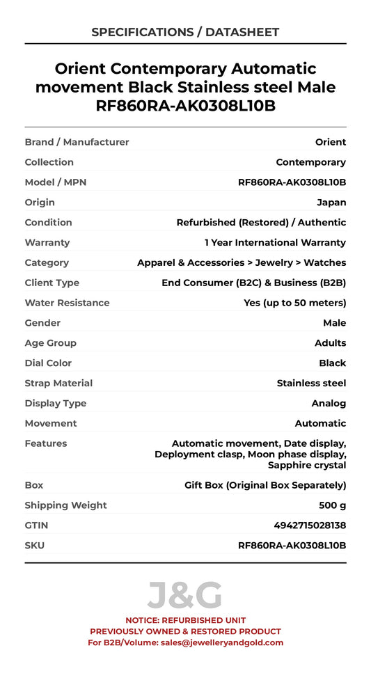 Orient Contemporary Automatic movement Black Stainless steel Male RF860RA-AK0308L10B - Specifications