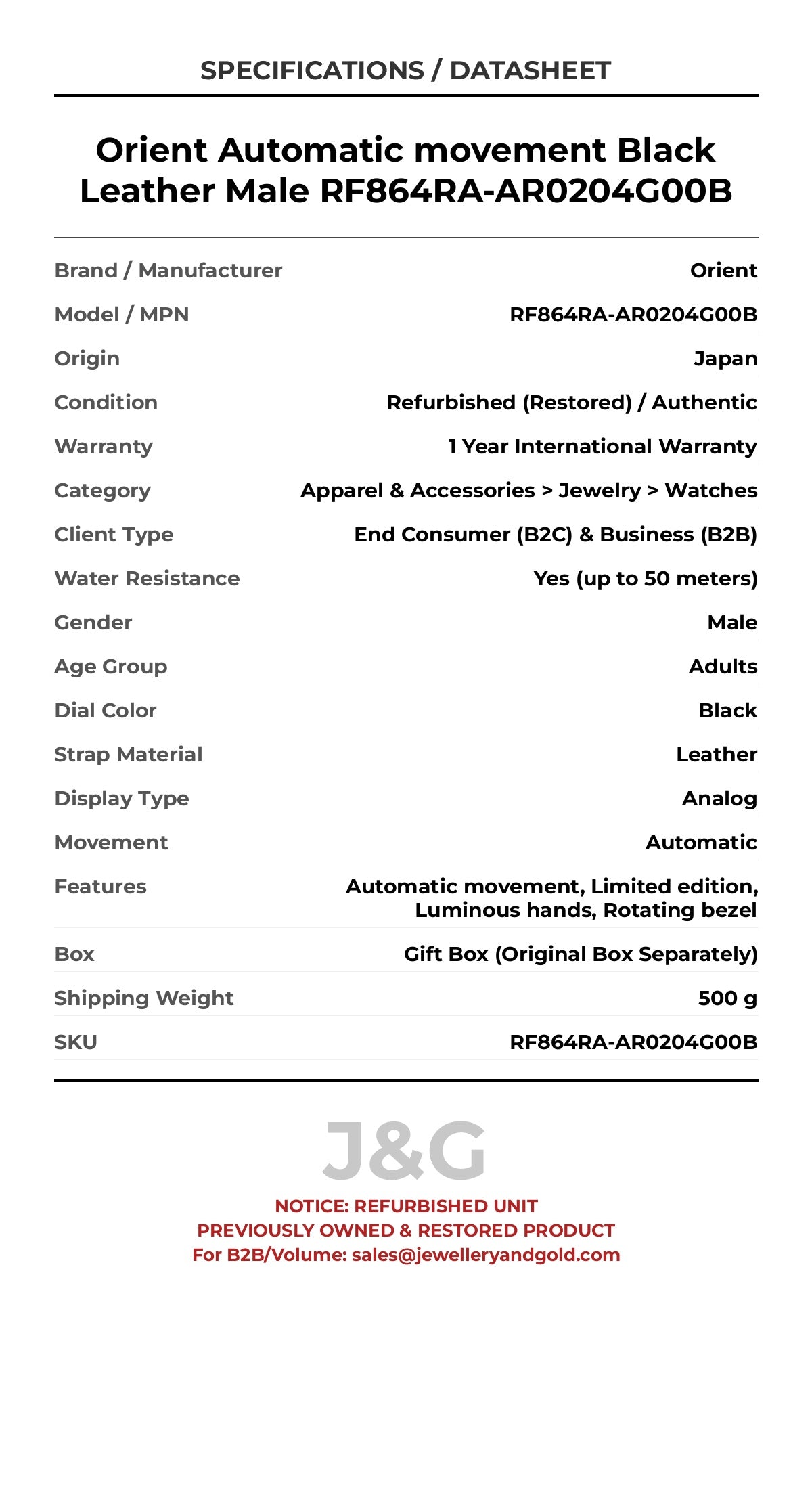 Orient Automatic movement Black Leather Male RF864RA-AR0204G00B - Specifications