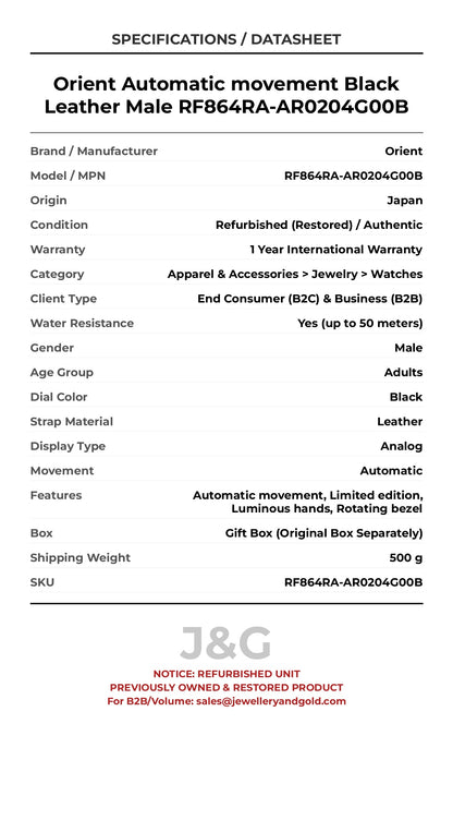 Orient Automatic movement Black Leather Male RF864RA-AR0204G00B - Specifications