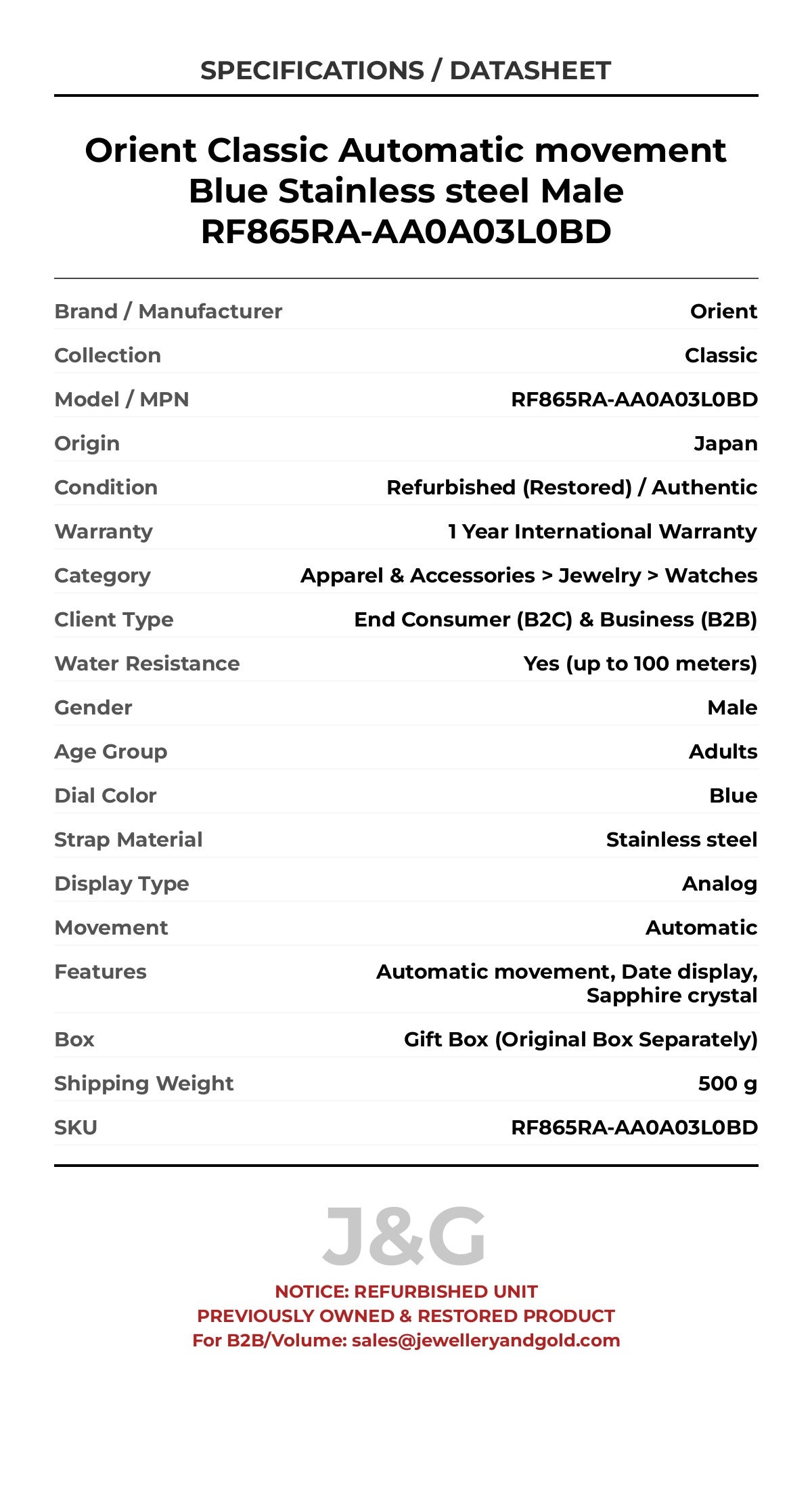 Orient Classic Automatic movement Blue Stainless steel Male RF865RA-AA0A03L0BD - Specifications