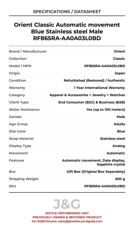 Orient Classic Automatic movement Blue Stainless steel Male RF865RA-AA0A03L0BD - Specifications