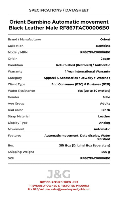 Orient Bambino Automatic movement Black Leather Male RF867FAC00006B0 - Specifications