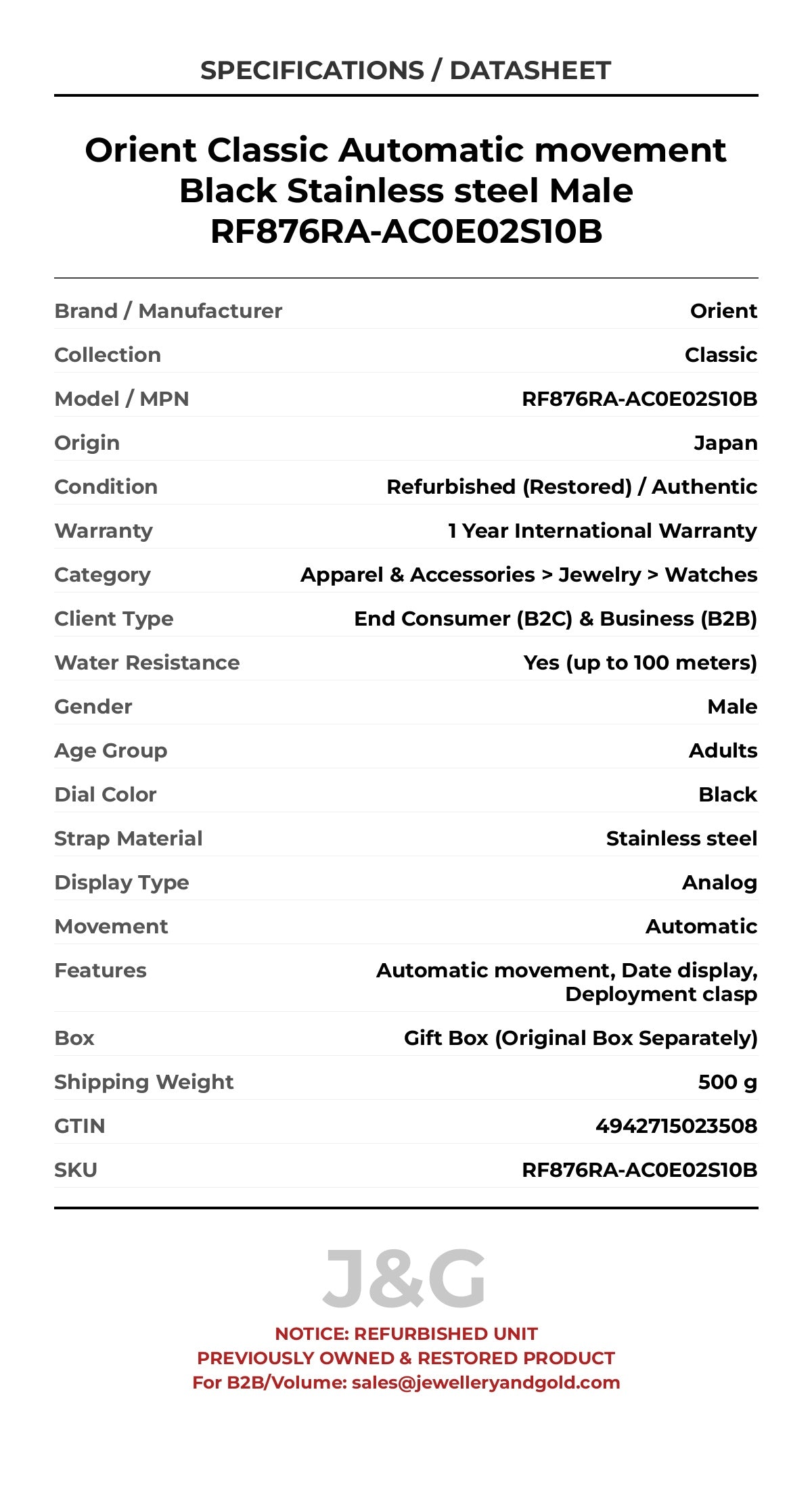 Orient Classic Automatic movement Black Stainless steel Male RF876RA-AC0E02S10B - Specifications
